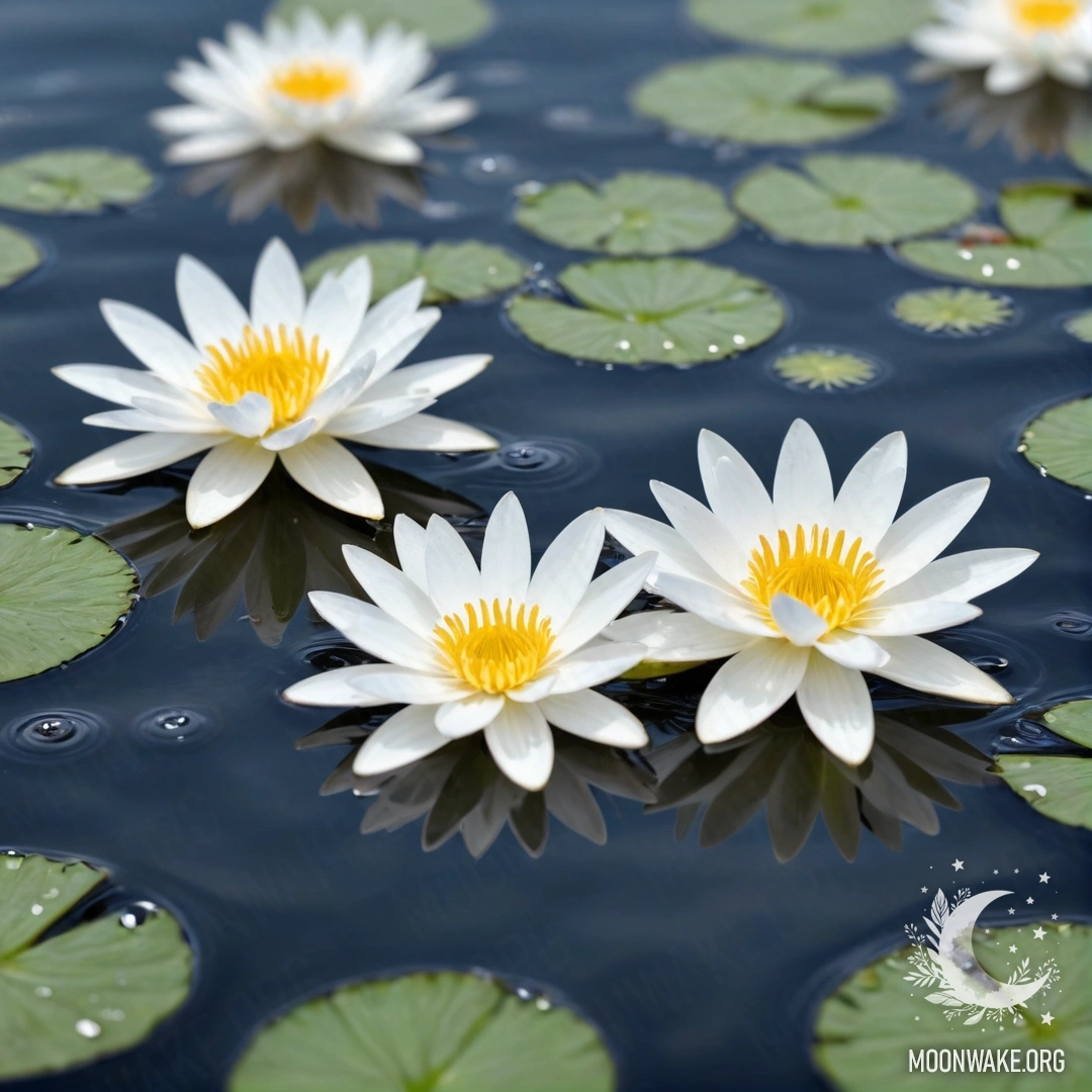 Calm White Flowers on Water Surface A serene image of white flowers gently resting on a tranquil water surface.