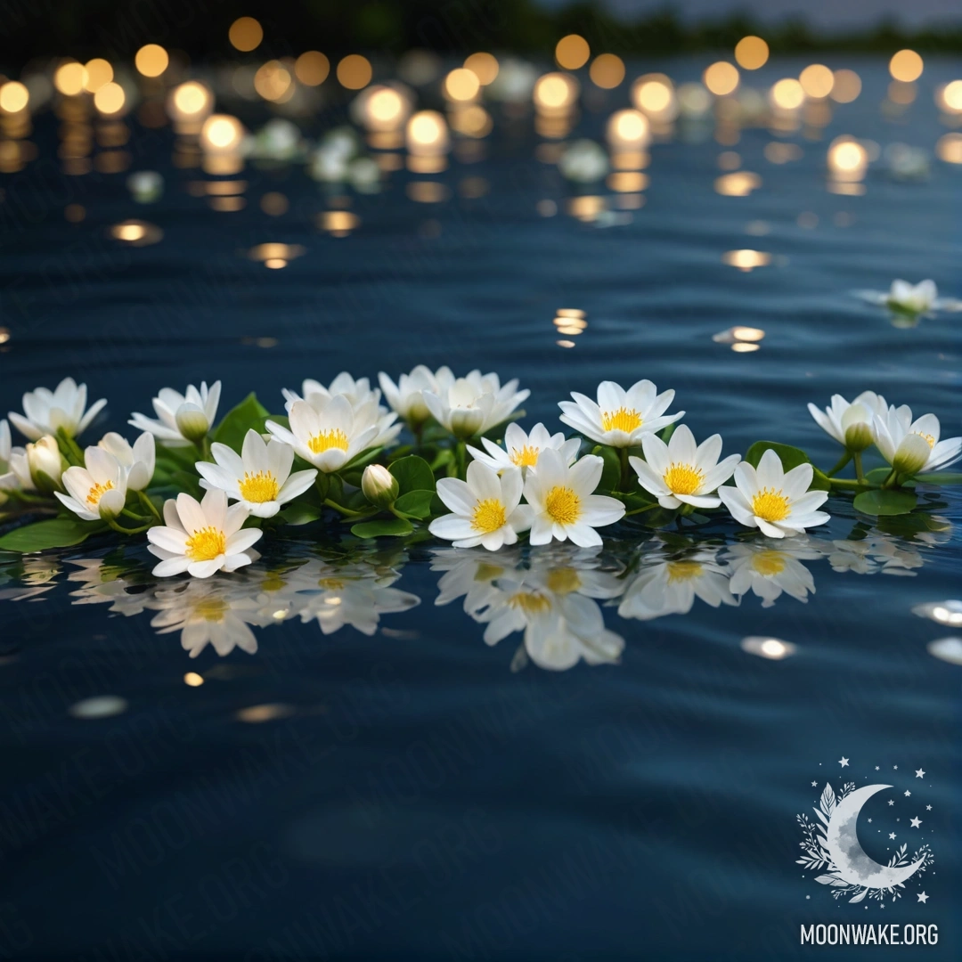 A serene scene depicting white flowers floating on a tranquil water surface illuminated by soft garland lights.