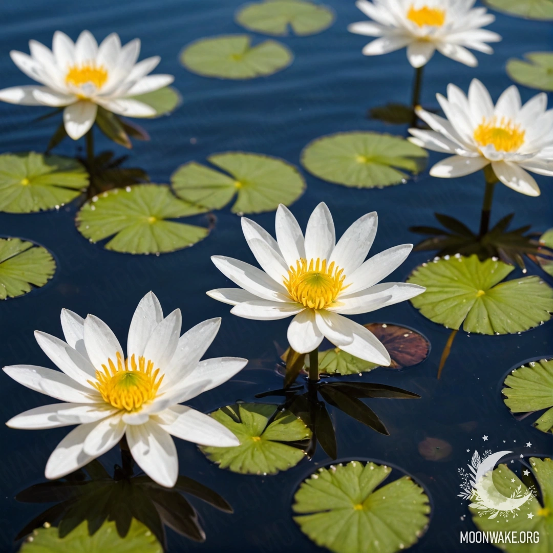 A serene image of delicate white flowers floating on the calm water.