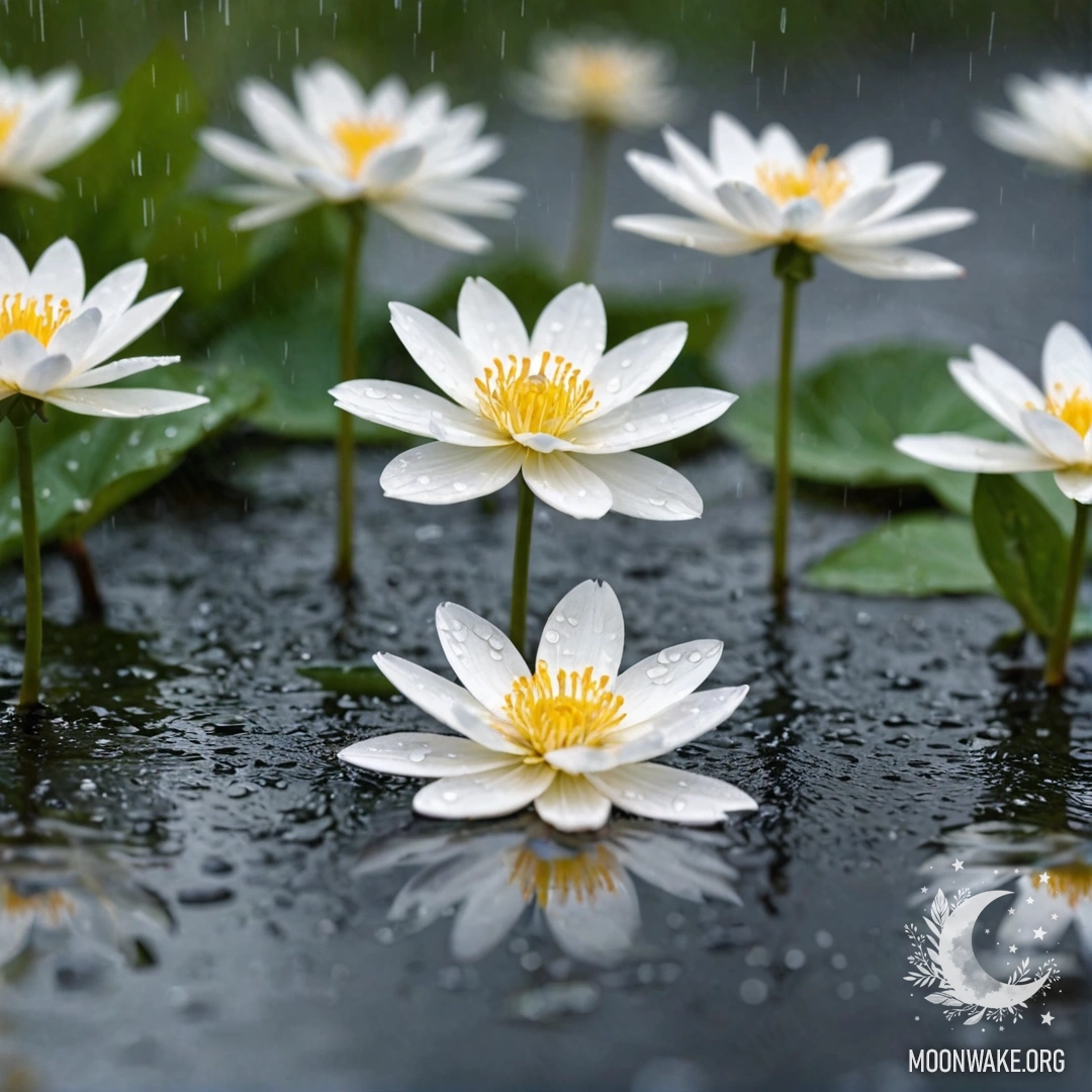 A serene scene of white flowers floating on a tranquil water surface amidst rain.