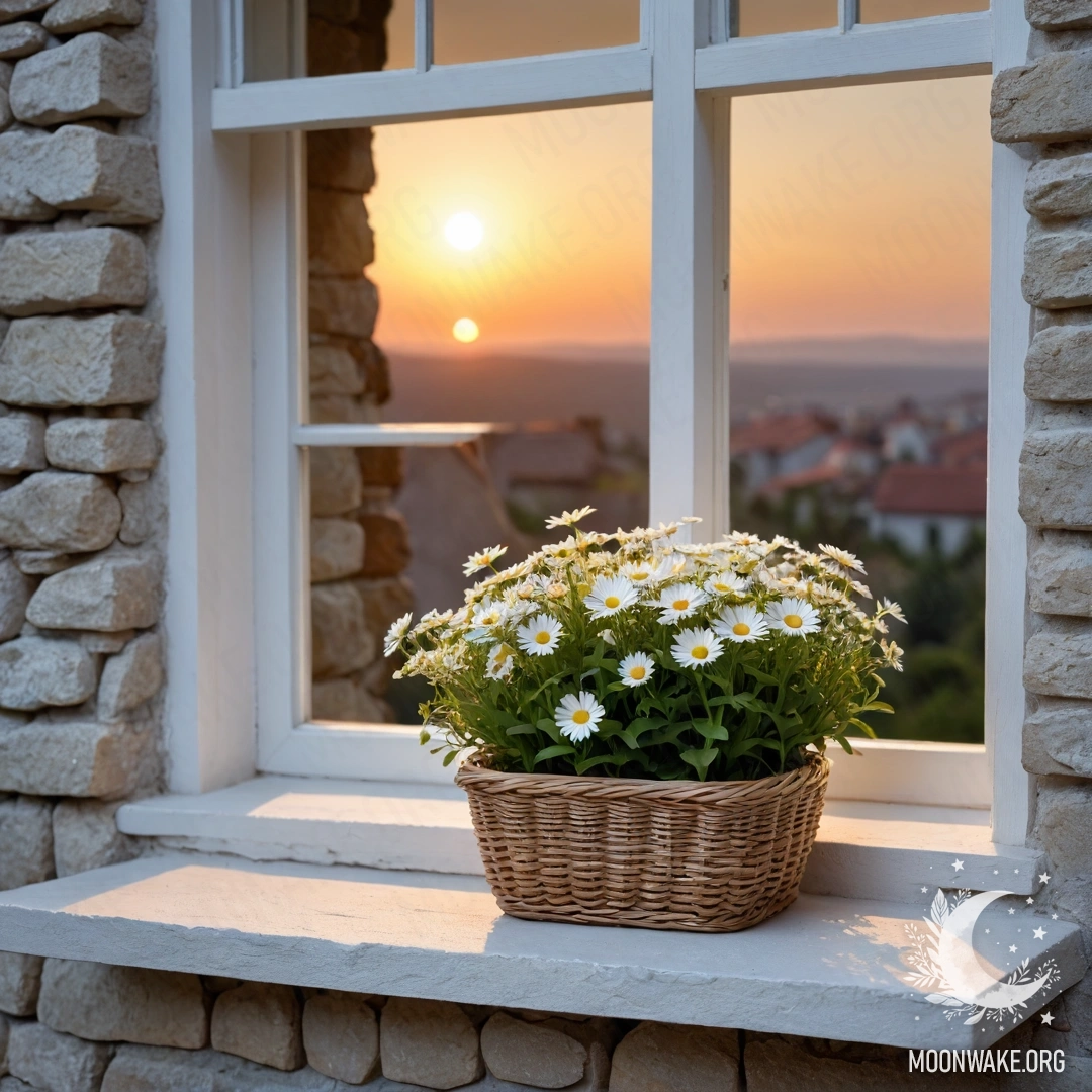 A calm white stone wall and an open window with a basket of daisies on the windowsill during sunset.
