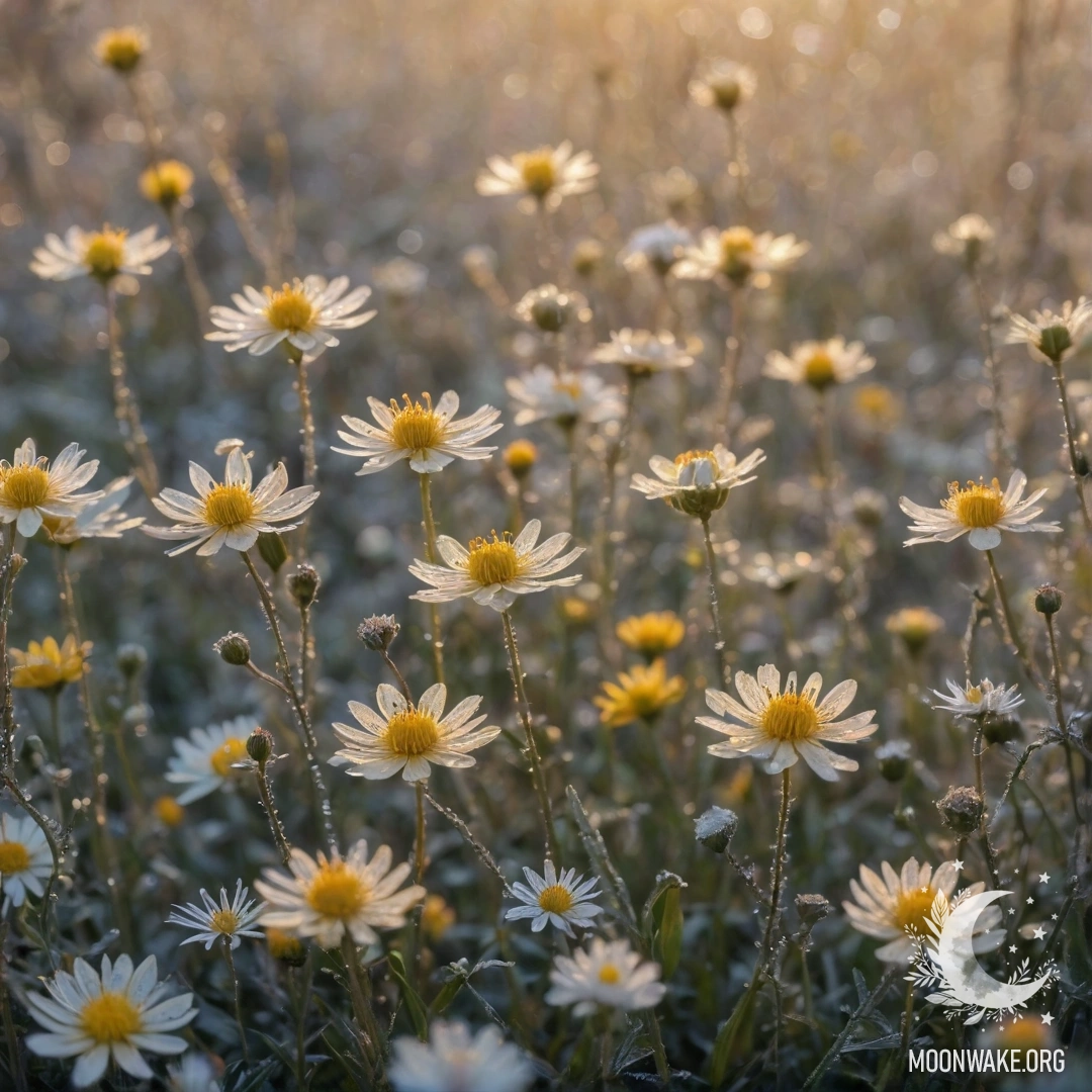 Calm Wildflowers at Sunset Frosty wildflowers in yellow color with Japanese calligraphy at sunset.