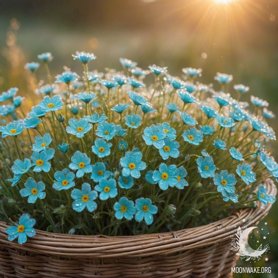 Calm Wildflowers at Sunset in a Basket A basket filled with calm wildflowers adorned with dew drops at sunset, showcasing aquamarine tones.