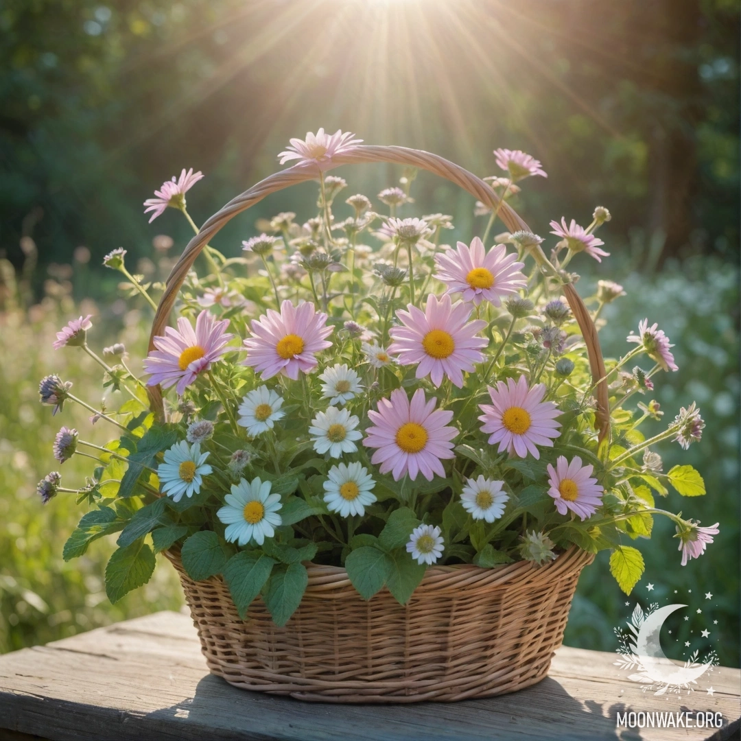 Calm Wildflowers in a Mint Basket A mint-colored basket filled with calm wildflowers under sunny rays.