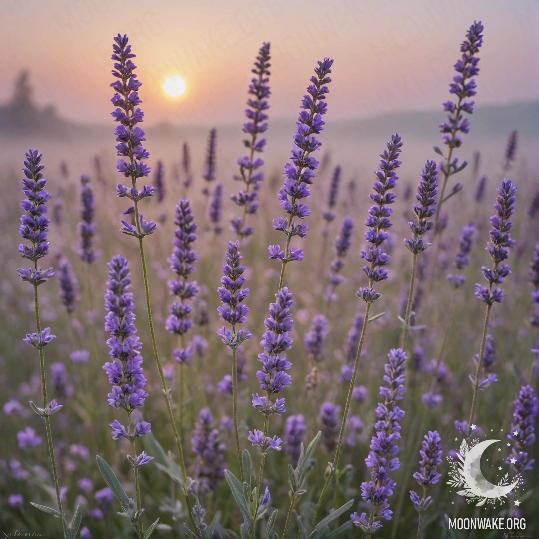 A bouquet of lavender wildflowers in mist during sunset.