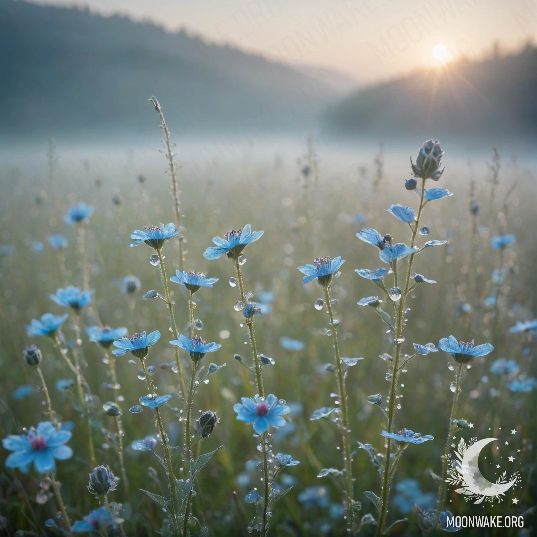 Calm Wildflowers in Misty Serenity A soft composition of wildflowers in mist, with rhinestones glimmering under a sky blue hue.
