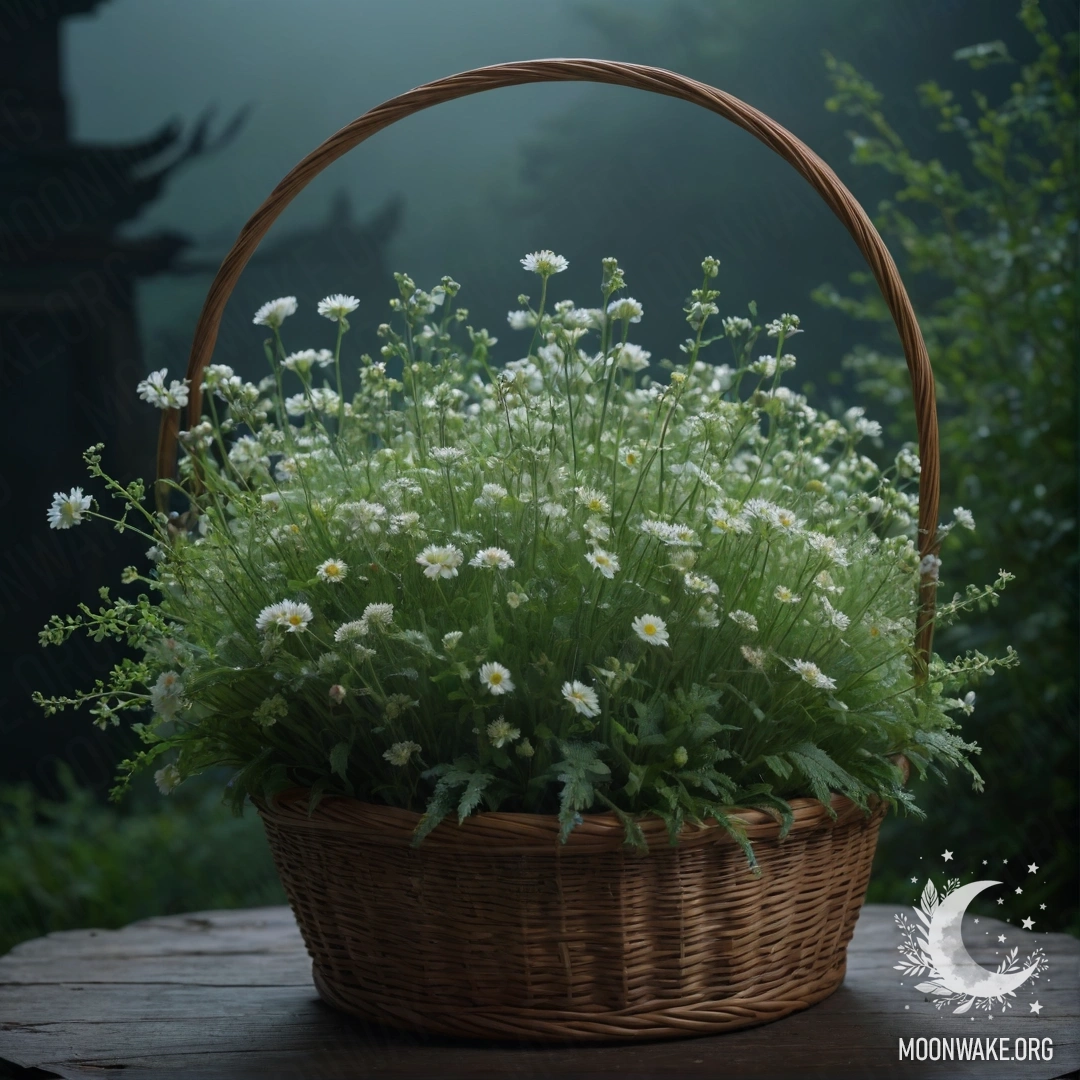 Calm Wildflowers in Misty Night A serene composition of calm wildflowers in a green basket, shrouded in mist at night.