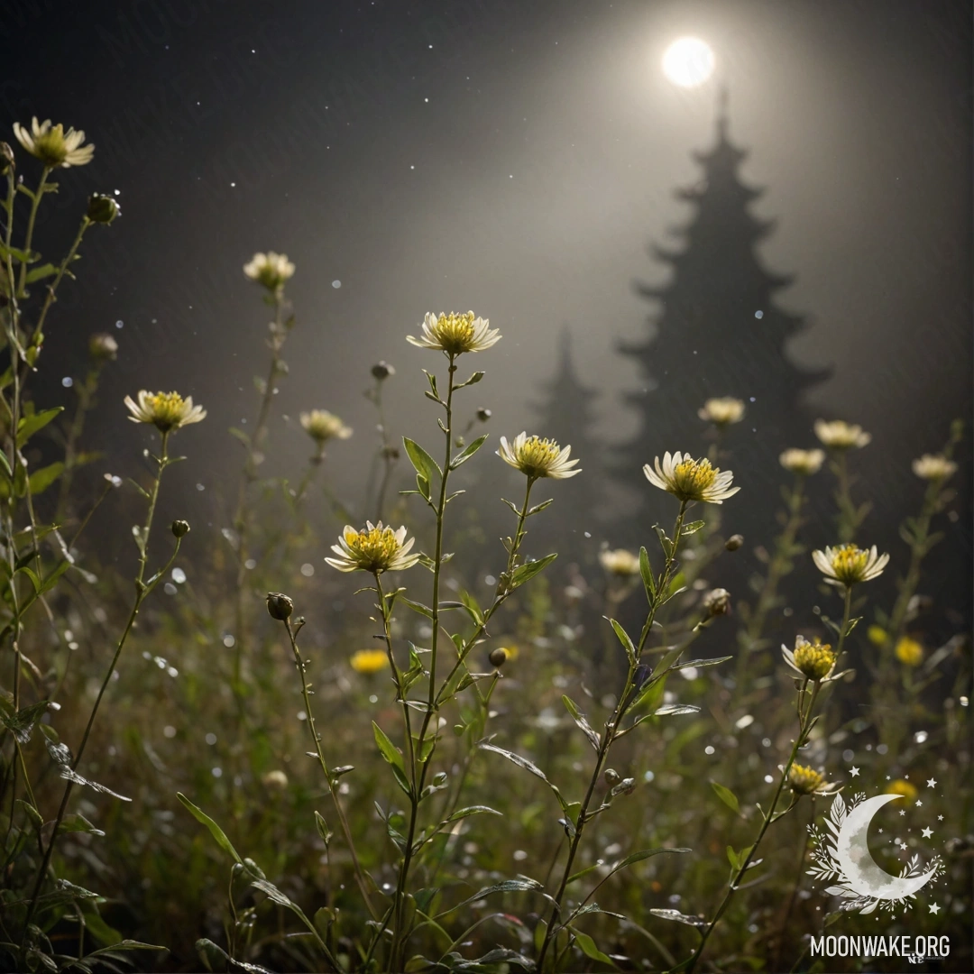 Wildflowers in a foggy night scene, shimmery with sequins.