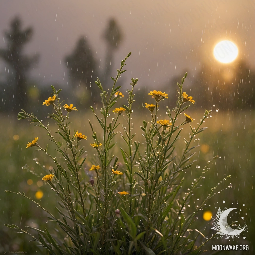 Calm Wildflowers in Rain at Sunset A bouquet of calm wildflowers in olive color, drenched in gentle rain during sunset, creating a serene and romantic atmosphere.