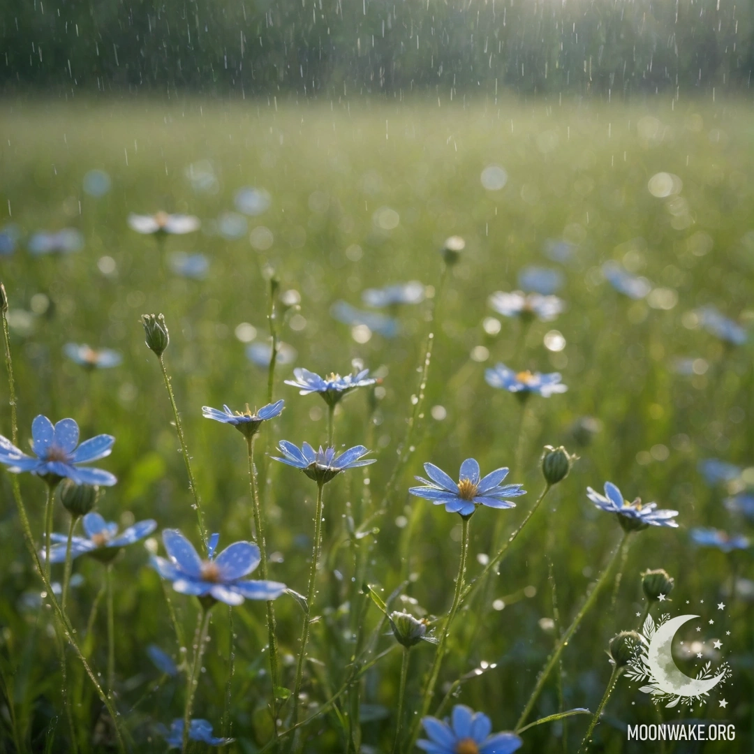 Calm Wildflowers with Sunshine and Rain A close-up view of calm wildflowers swaying softly in the rain, accented by golden rays of sunlight filtering through.