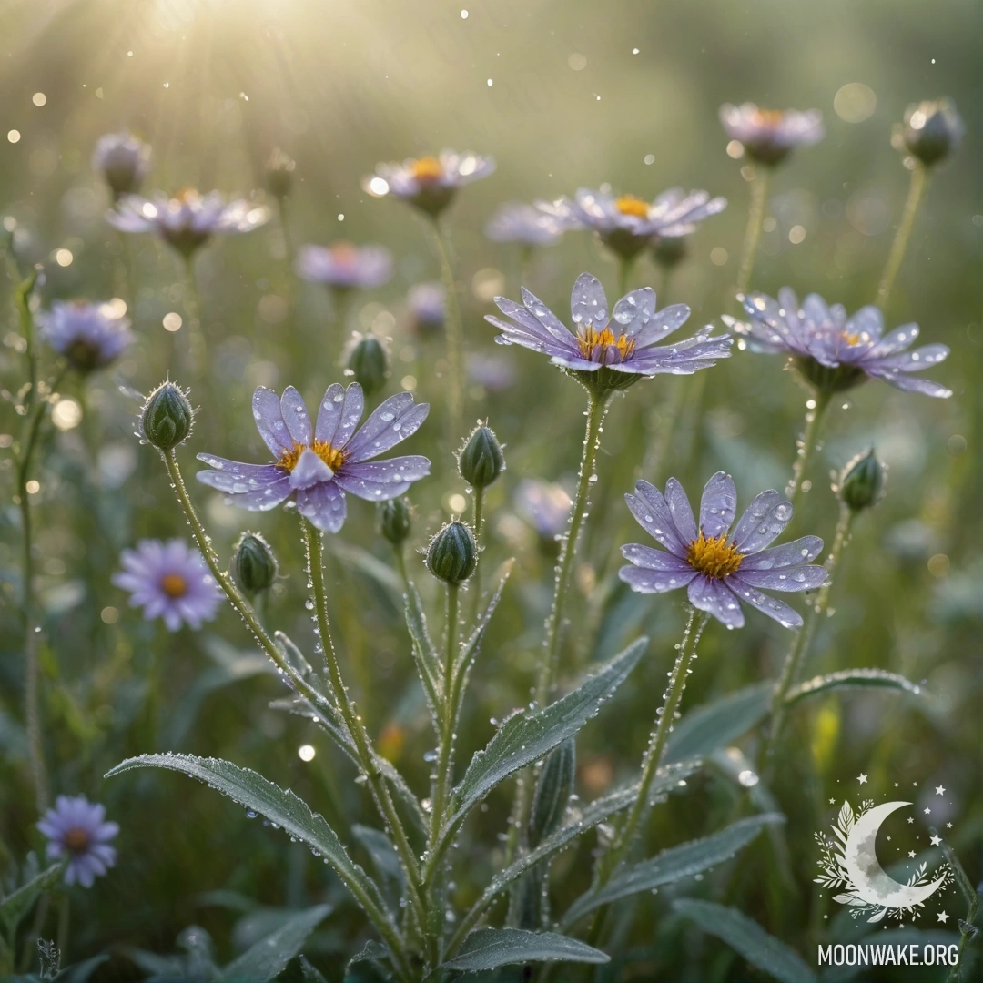 A serene digital painting of wildflowers with dew drops, in sage color, adorned with rhinestones.