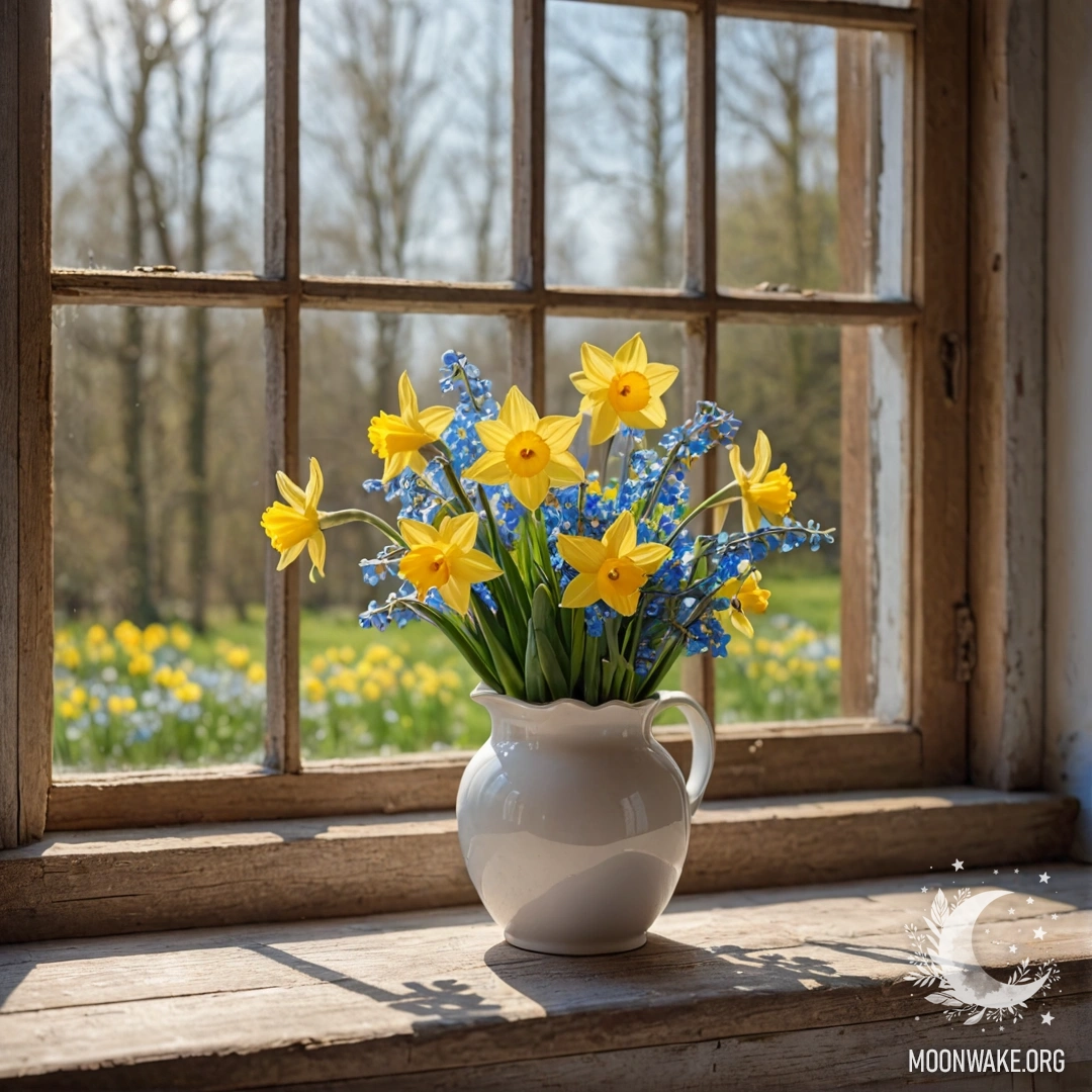 A shabby wooden window sill with a white porcelain vase filled with daffodils and forget-me-nots, illuminated by sun rays.