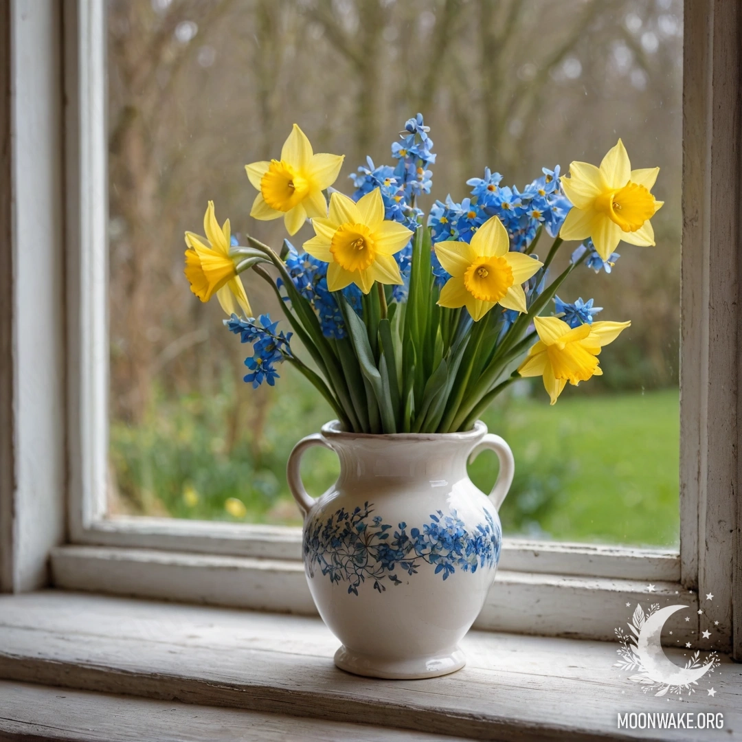 A weathered wooden window sill adorned with a white vase containing daffodils and forget-me-nots.