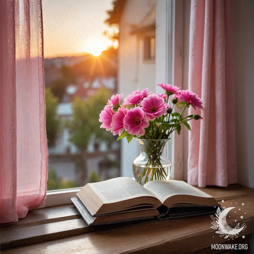 A wooden window sill with an old book, a gray vase, and pink flowers at sunset.