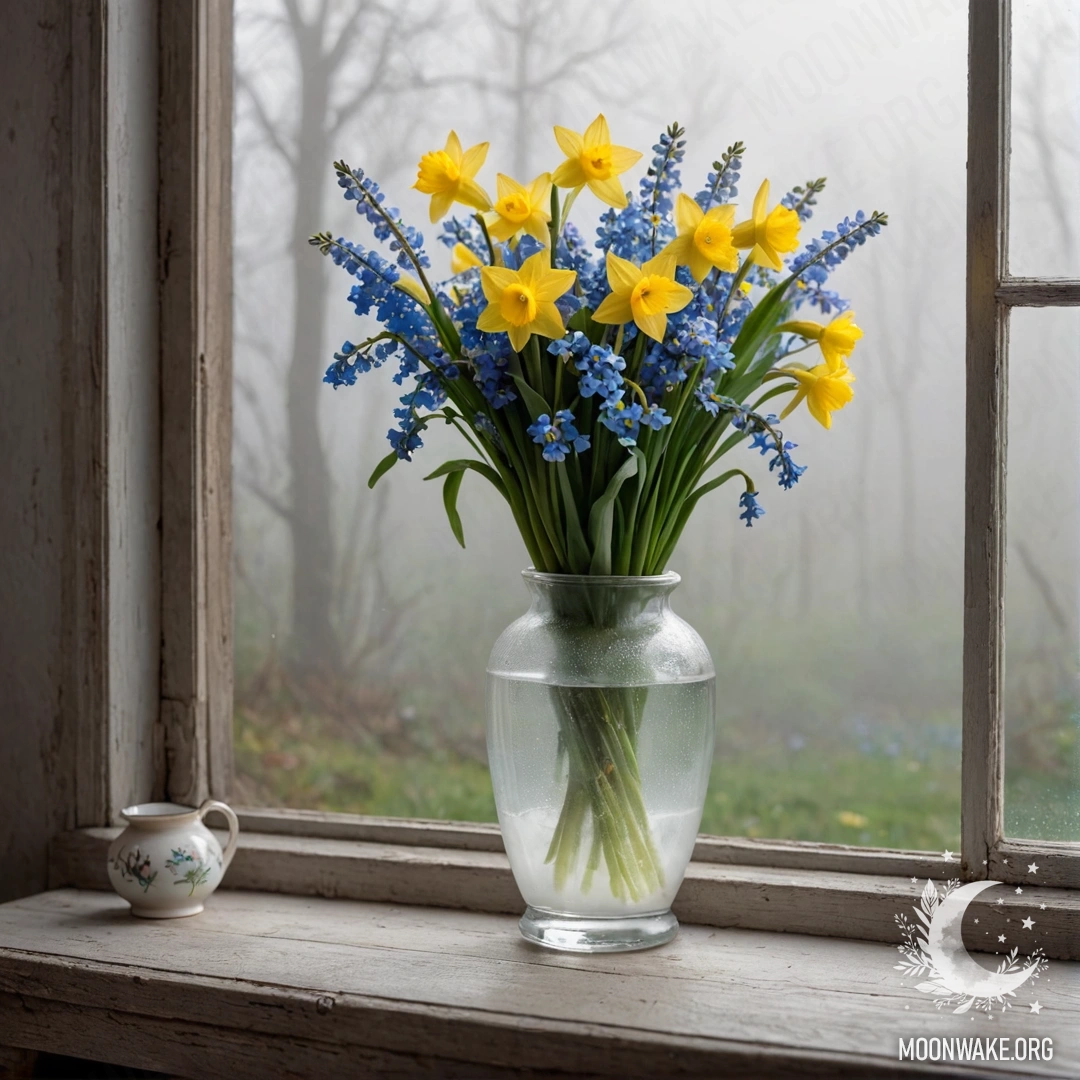 A shabby wooden window sill adorned with a white porcelain vase filled with daffodils and forget-me-nots, enveloped in dense fog.