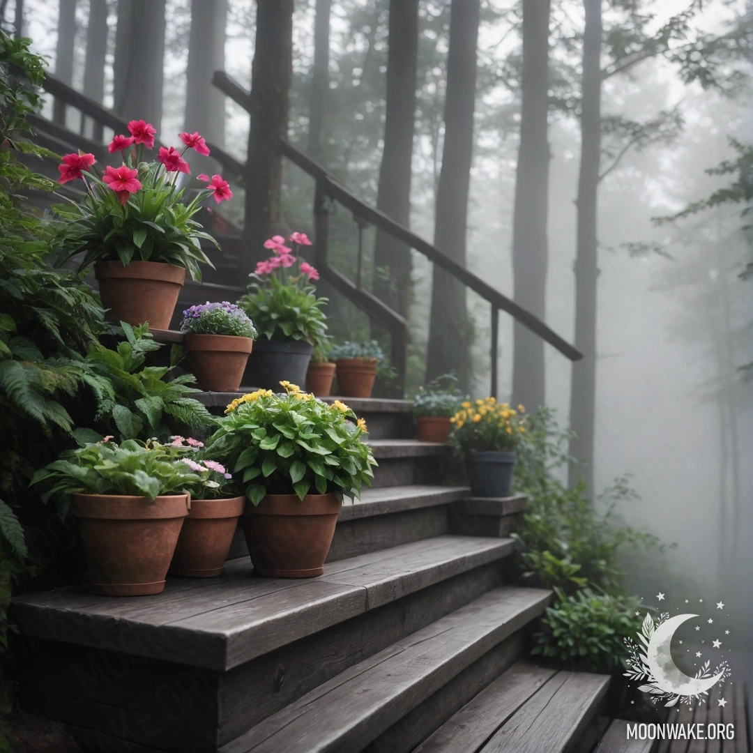 A wooden staircase adorned with flowerpots, enveloped in dense fog.