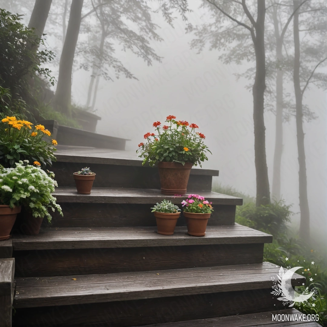 Tranquil Wooden Staircase with Flowerpots in Mist A serene wooden staircase adorned with flowerpots, enveloped in dense fog.