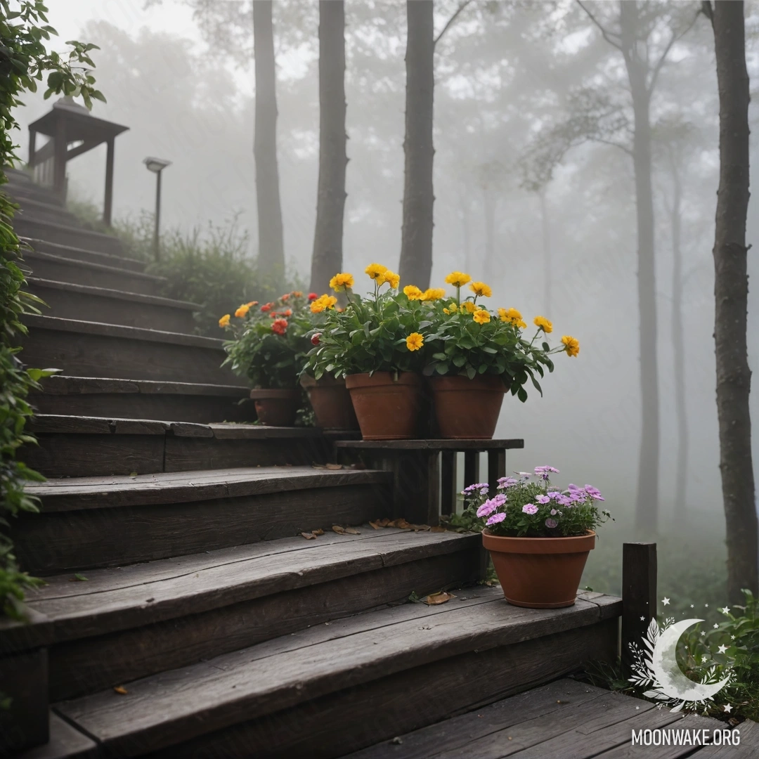 Calm Wooden Staircase with Flowerpots in Fog A serene wooden staircase adorned with flowerpots enveloped in dense mist.