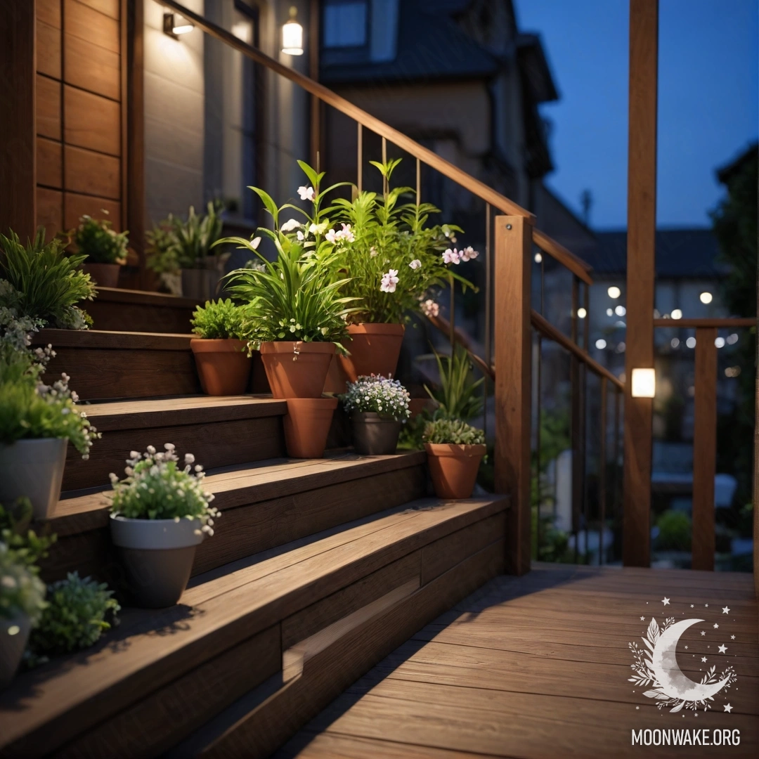 Tranquil Night on a Wooden Staircase A wooden staircase adorned with flowerpots at night.