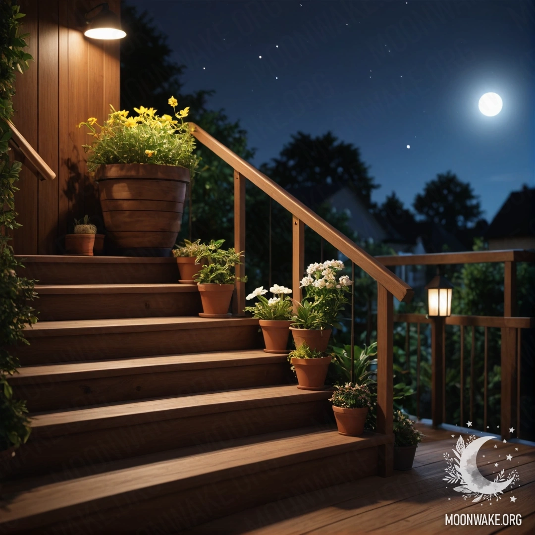 Calm Night on the Wooden Staircase A serene wooden staircase adorned with flowerpots at night.