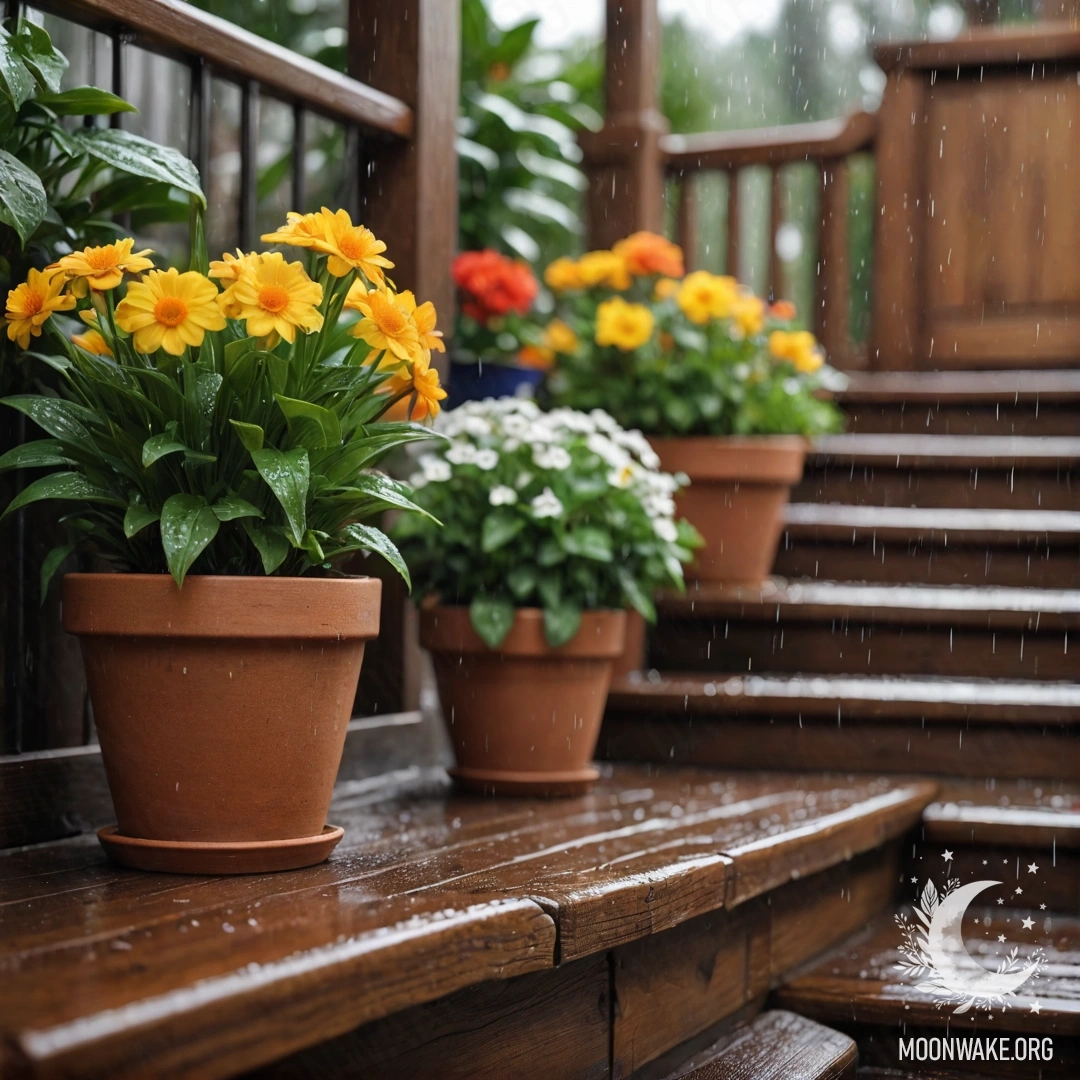 A wooden staircase adorned with flowerpots, gently touched by rain.