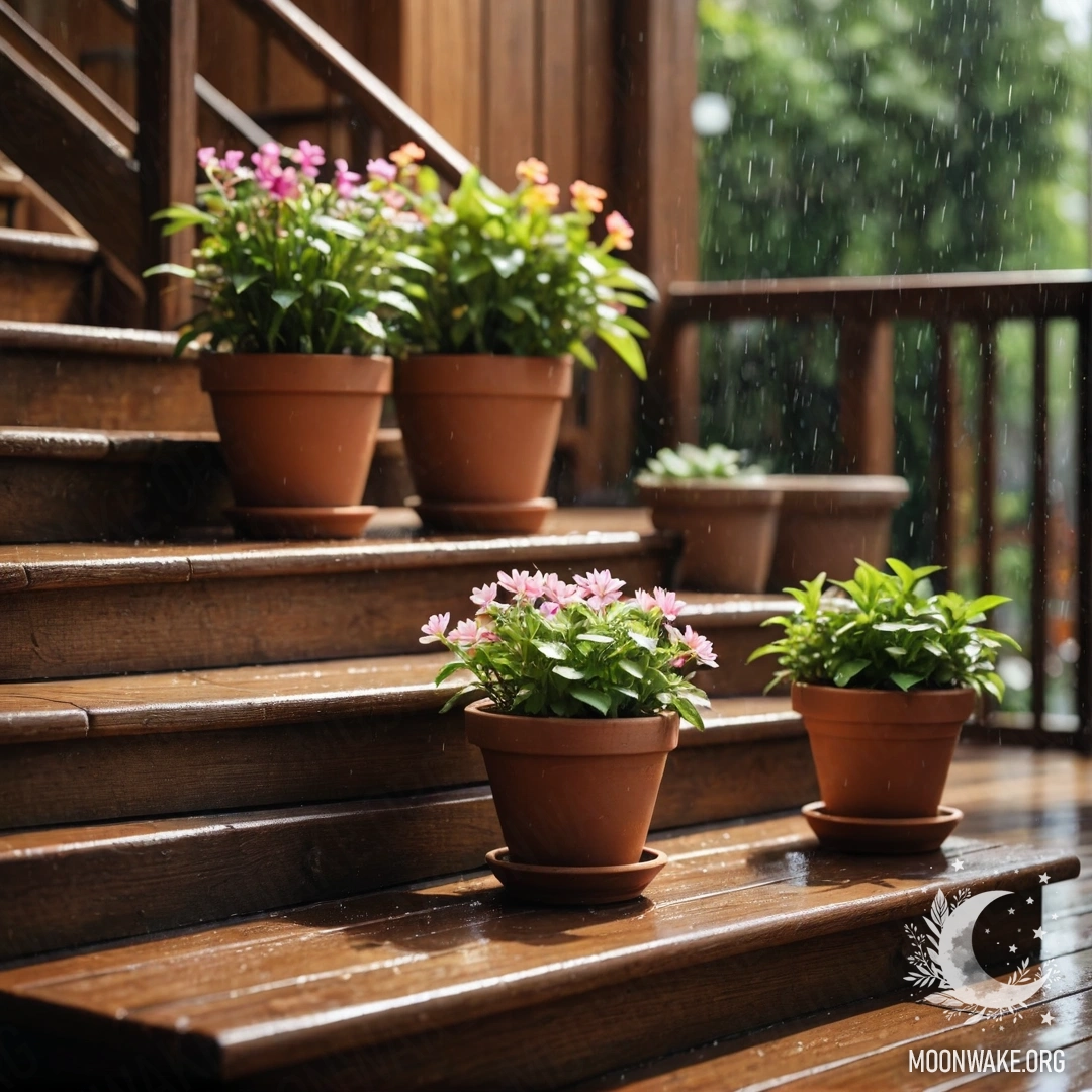 Calm Wooden Staircase with Flowerpots in Rain A wooden staircase adorned with flowerpots, gently graced by rain.