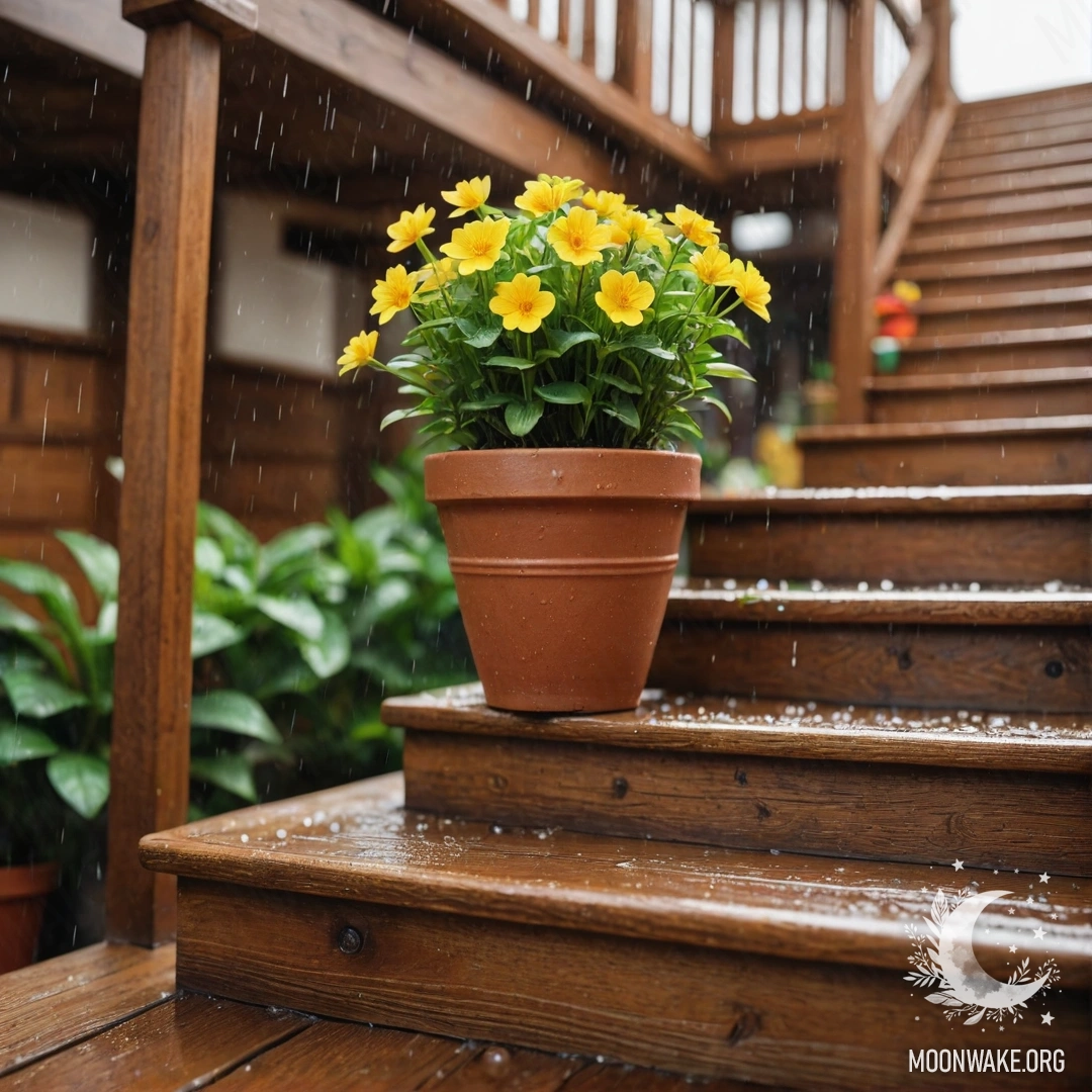 Tranquil Rainy Staircase with Flowerpots A wooden staircase adorned with flowerpots, gently drizzled by rain.