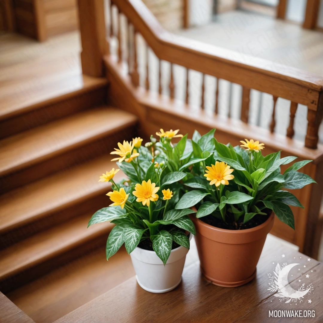 A serene wooden staircase adorned with flowerpots