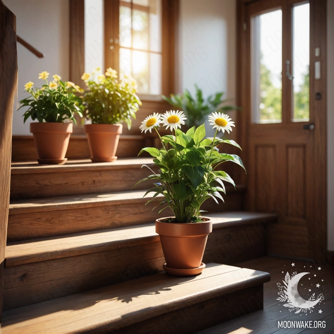 A serene wooden staircase adorned with flowerpots in sunlight.