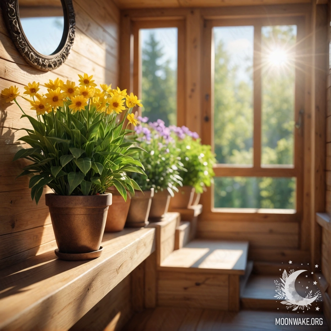 A wooden staircase adorned with flowerpots basking in sunlight.
