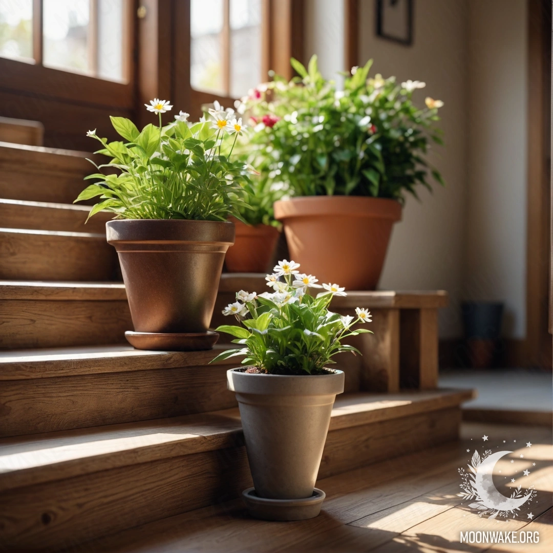 A wooden staircase with vibrant flowerpots illuminated by sun rays.