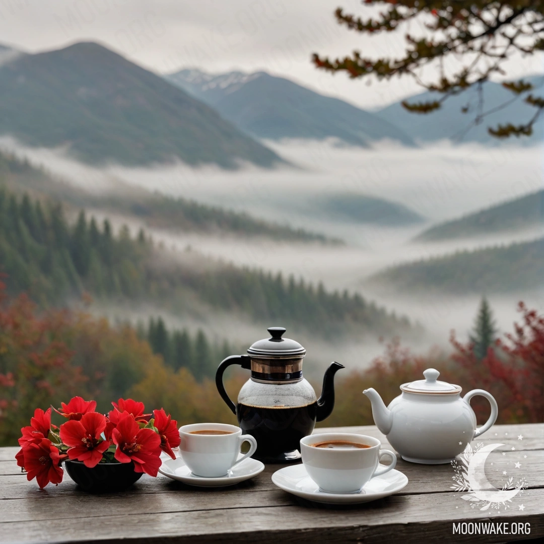 A calm wooden table set against misty mountains, featuring a jar with red flowers, a coffee pot, and cups.