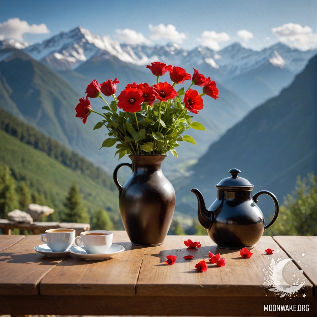 A wooden table adorned with a jar of red flowers, a coffee pot, and cups, set against majestic mountains.
