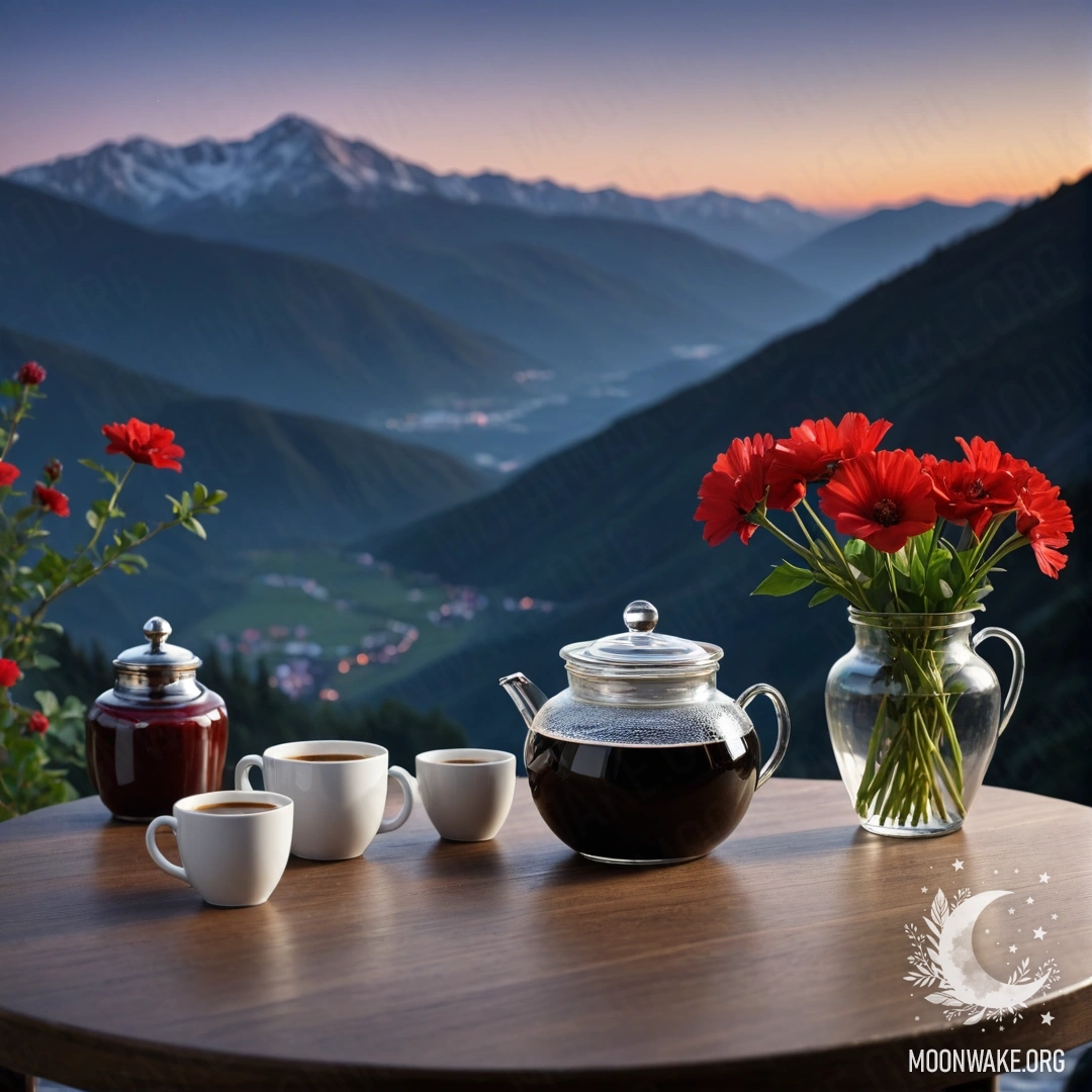 Peaceful Mountain Evening with Flowers and Coffee A wooden table with a jar of red flowers, a coffee pot, and cups in front of mountains at night.