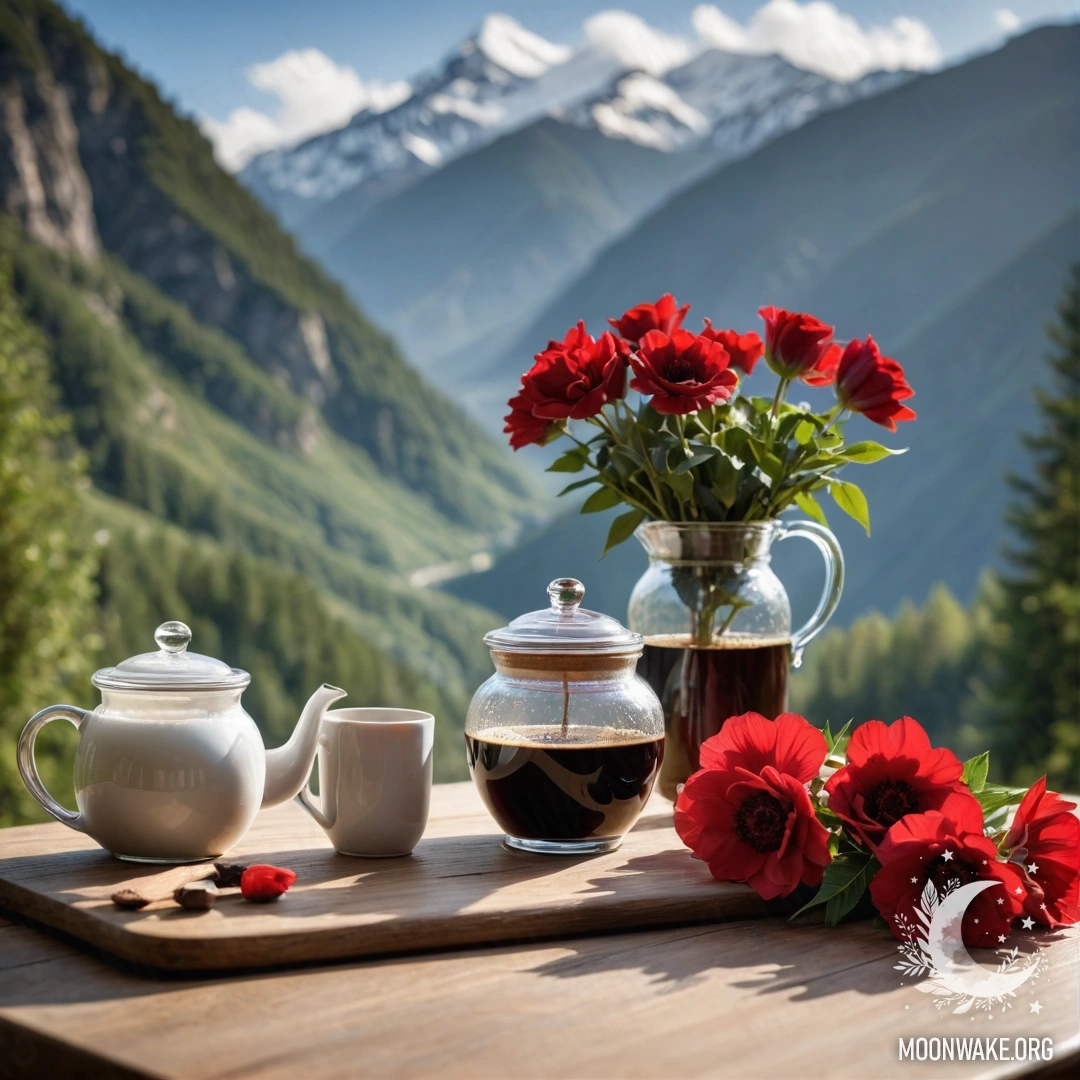 A wooden table set against majestic mountains, adorned with red flowers, a coffee pot, and cups, illuminated by a soft garland light.