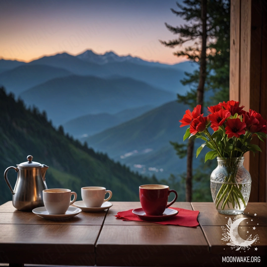 Cozy Night Scene with Flowers and Coffee A calm wooden table with a jar of red flowers, a coffee pot, and cups at night against mountain backdrop.