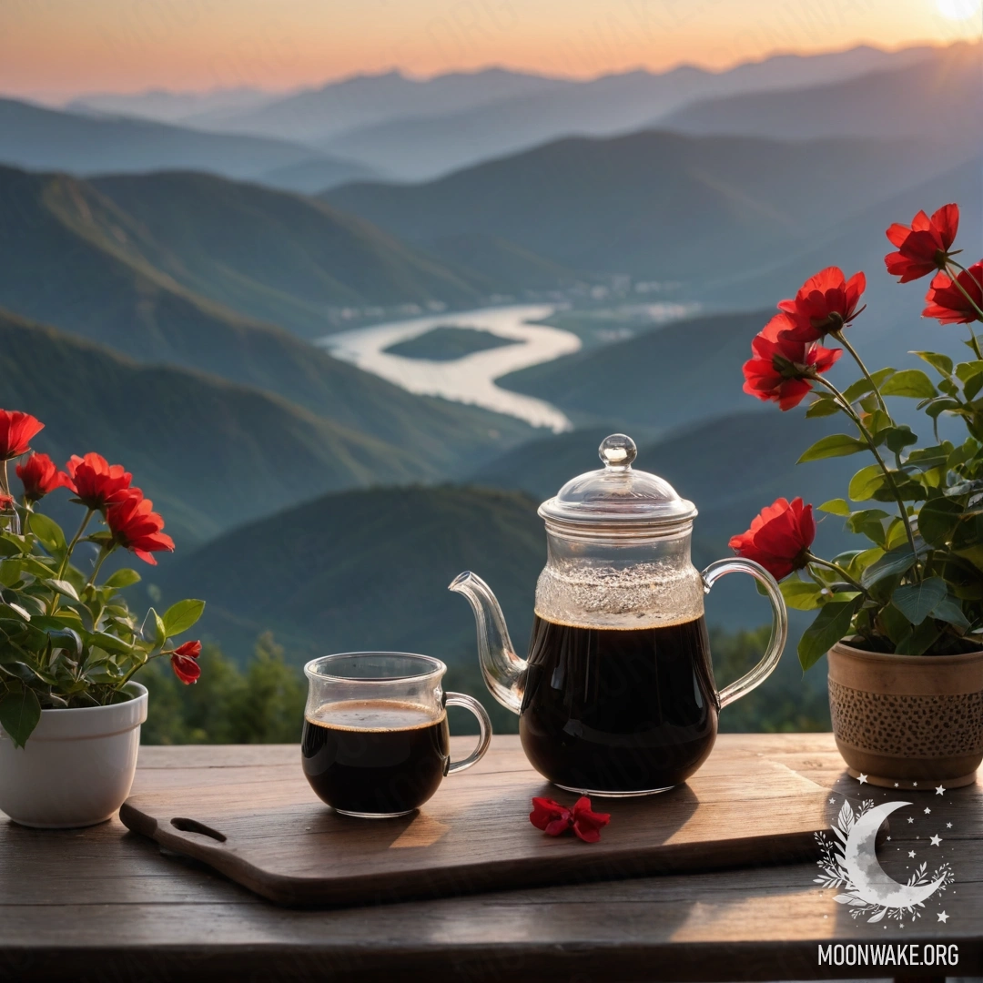 A wooden table set against a mountain backdrop, featuring a jar of red flowers, a coffee pot, and cups at sunset.