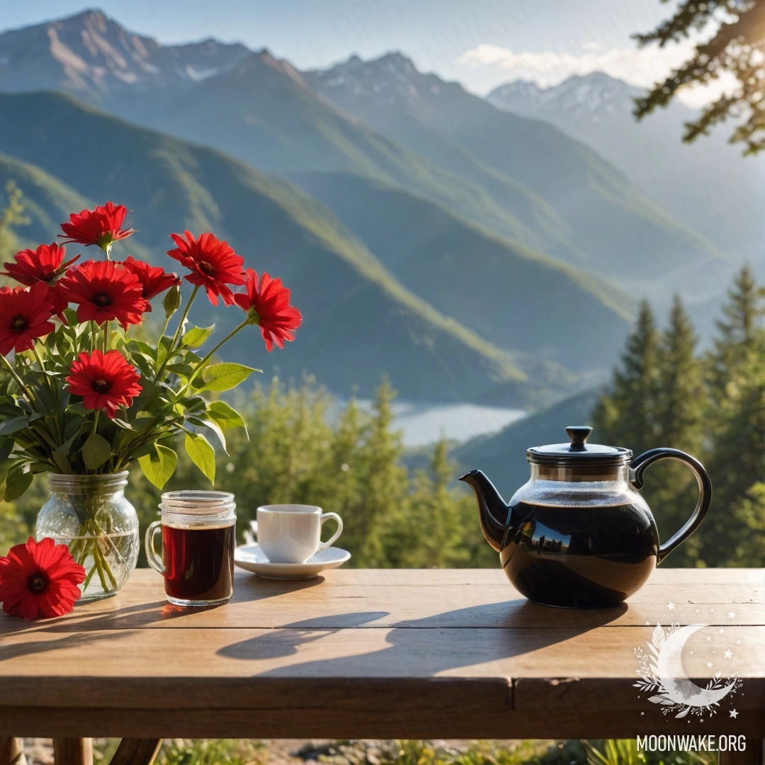 Calm Mountain Table with Flowers and Coffee A calm wooden table set against majestic mountains, featuring a jar of red flowers and a coffee pot with cups basking in sunlight.