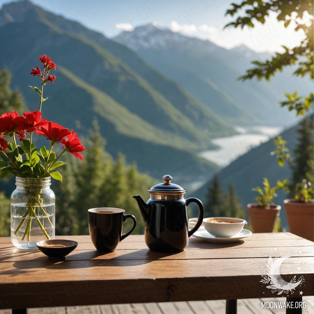 A serene wooden table with a jar of red flowers, a coffee pot, and cups, set against a mountain backdrop, illuminated by the sun.