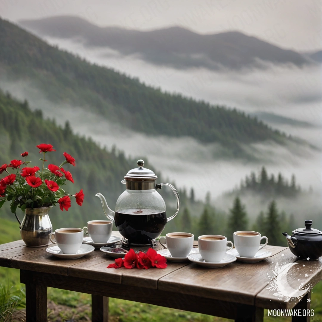 A calm wooden table with a jar of red flowers, a coffee pot and cups against a misty mountain backdrop.