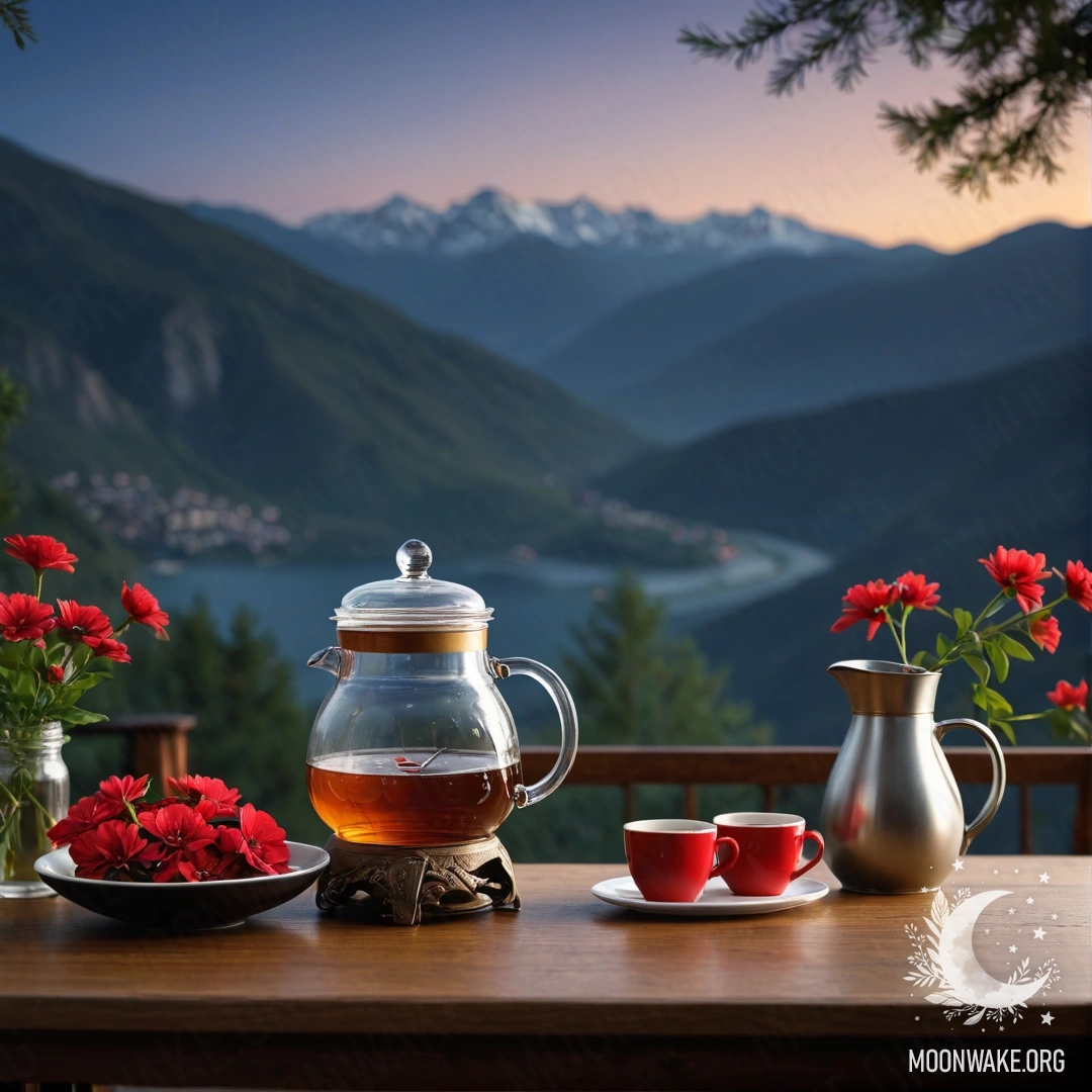 Serene Mountain Table Setting at Night A calm wooden table set against majestic mountains at night, featuring a jar of red flowers, a coffee pot, and cups.
