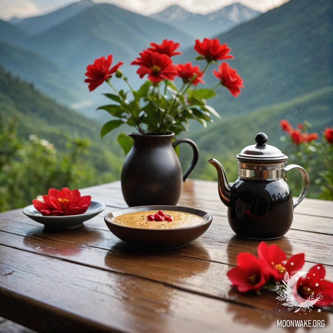 A calm wooden table set in front of majestic mountains with a jar of red flowers, a coffee pot, and cups beneath the rain.