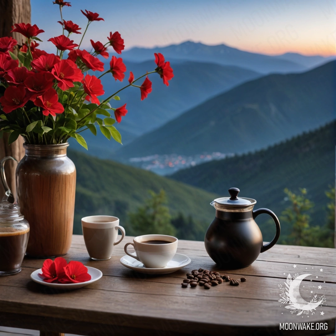 A calm wooden table with a jar of red flowers, a coffee pot, and cups, set against a mountainous background at night.