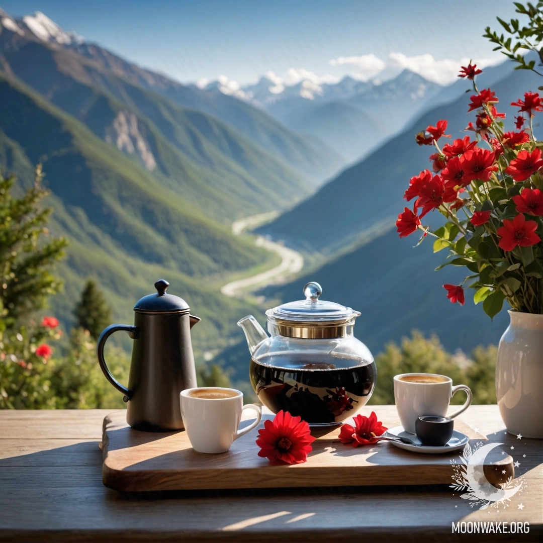 A calm wooden table adorned with red flowers, a coffee pot, and cups, set against a scenic mountain backdrop.