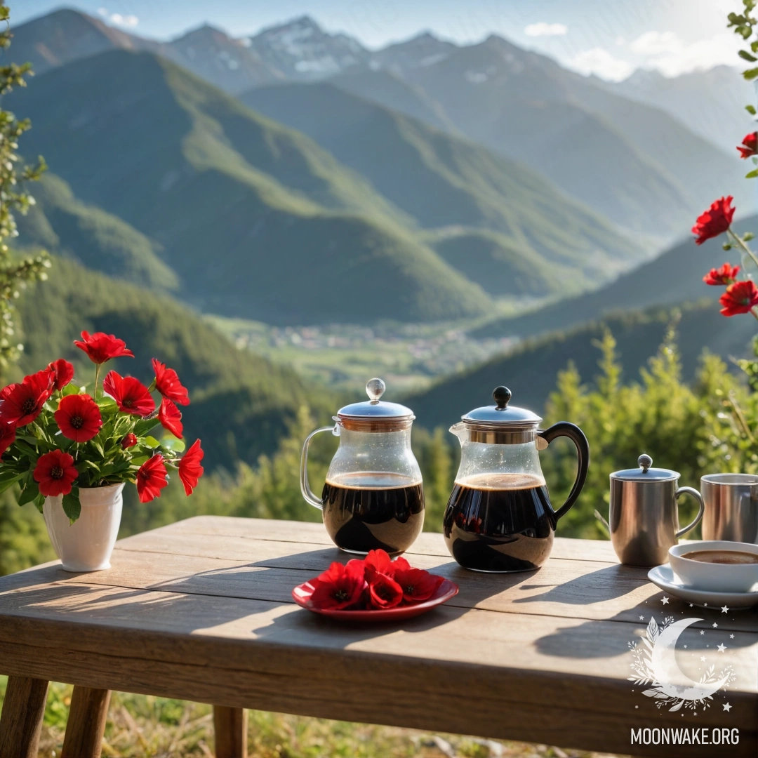 A calm wooden table with a jar of red flowers, a coffee pot, and cups, set against a mountain backdrop.
