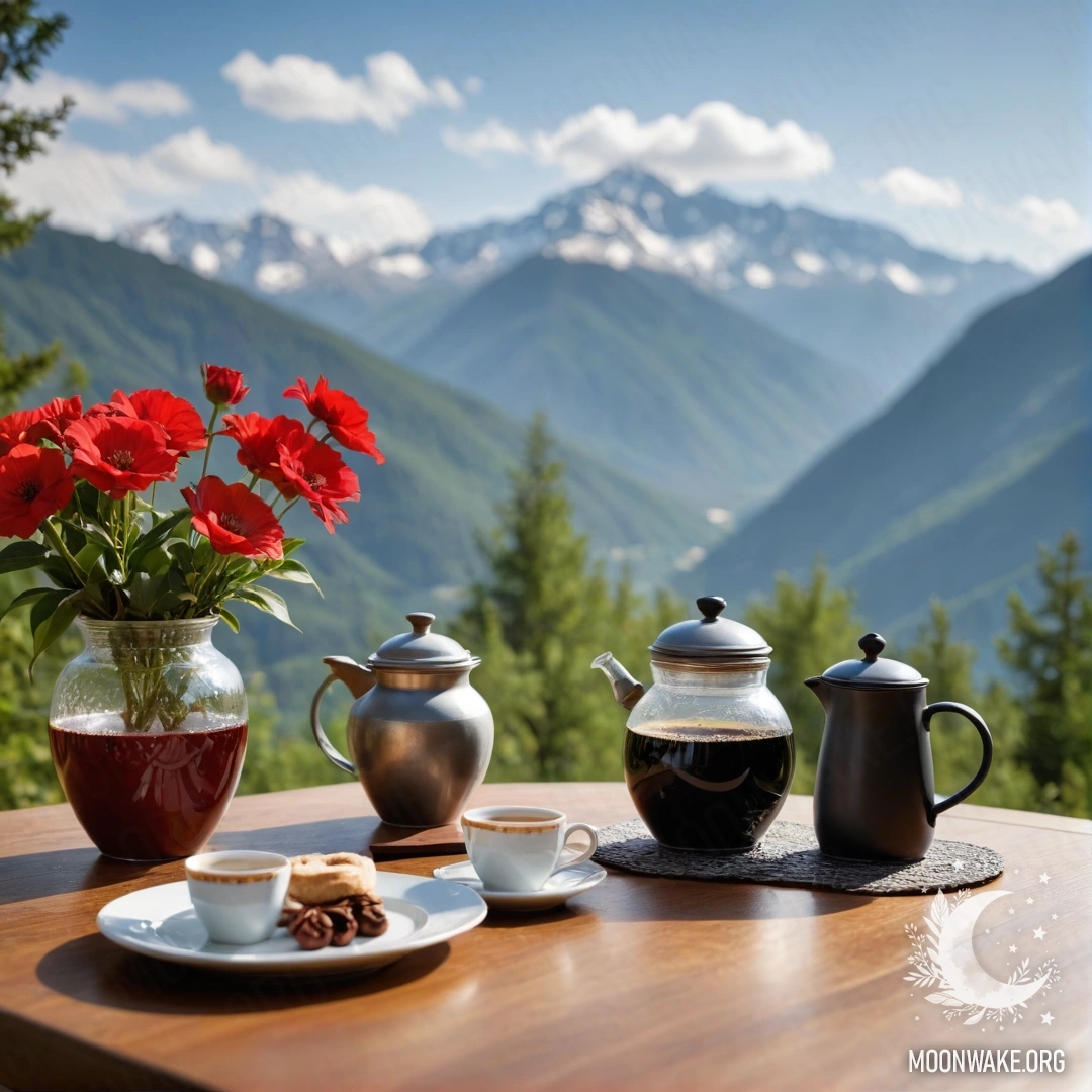 A calm wooden table adorned with a jar of red flowers and a coffee pot with cups, set against a mountain backdrop.