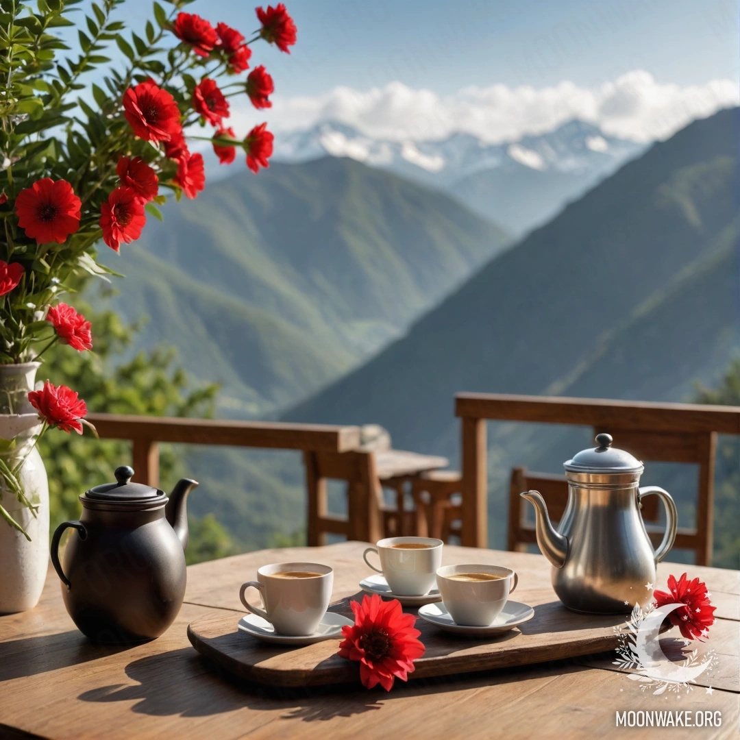 A serene wooden table with a jar of red flowers, a coffee pot, and cups surrounded by gentle garland lights, set against a majestic mountain backdrop.
