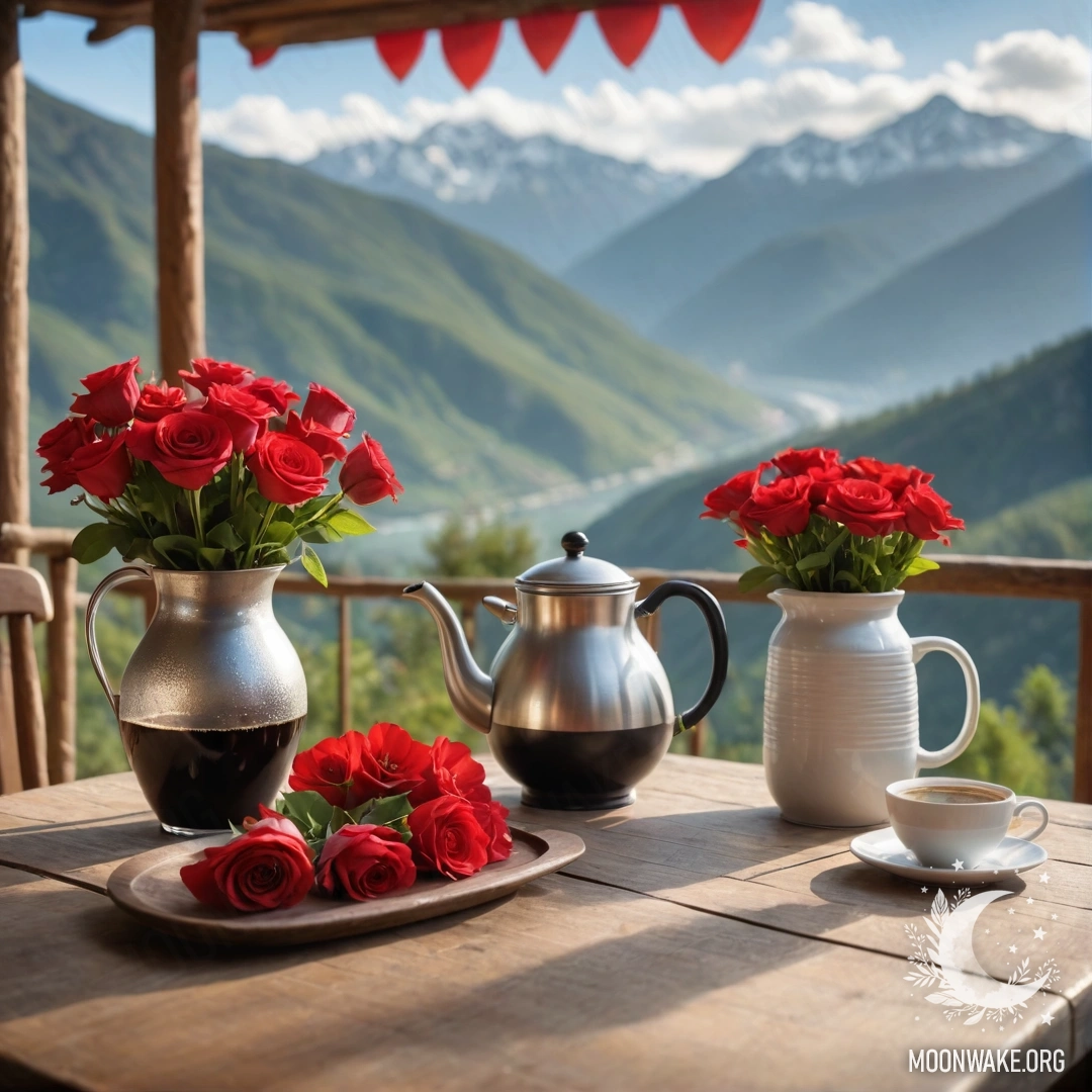A serene wooden table with red flowers, a coffee pot, and cups, set against majestic mountains.