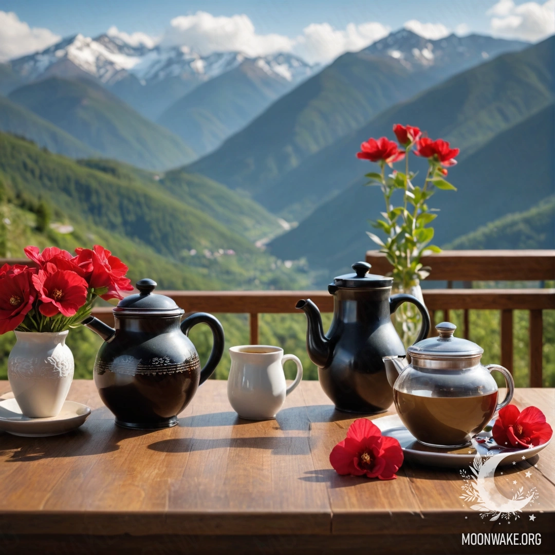 Serene Mountain Table Setting A calm wooden table with a jar of red flowers, a coffee pot, and cups, against a mountain backdrop.