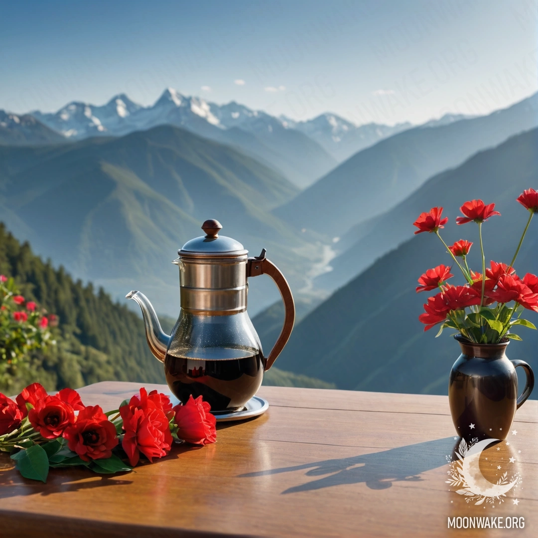 Serene Mountain View with Flowers and Coffee A calm wooden table adorned with a jar of red flowers, coffee pot, and cups, set against a majestic mountain backdrop.